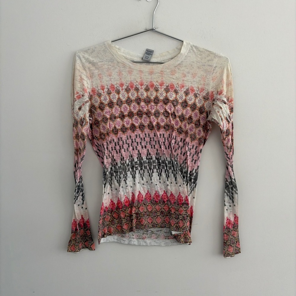 Prana Womens Small Long Sleeve Geometric Sheer Burnout T-Shirt Pink Cream
